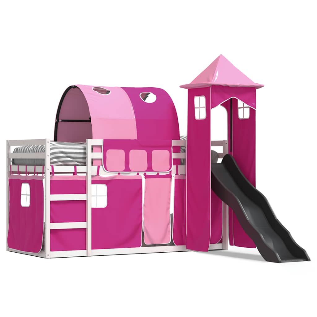 vidaXL Bunk Bed without Mattress with Slide and Curtains Pink 90x190 cm Single