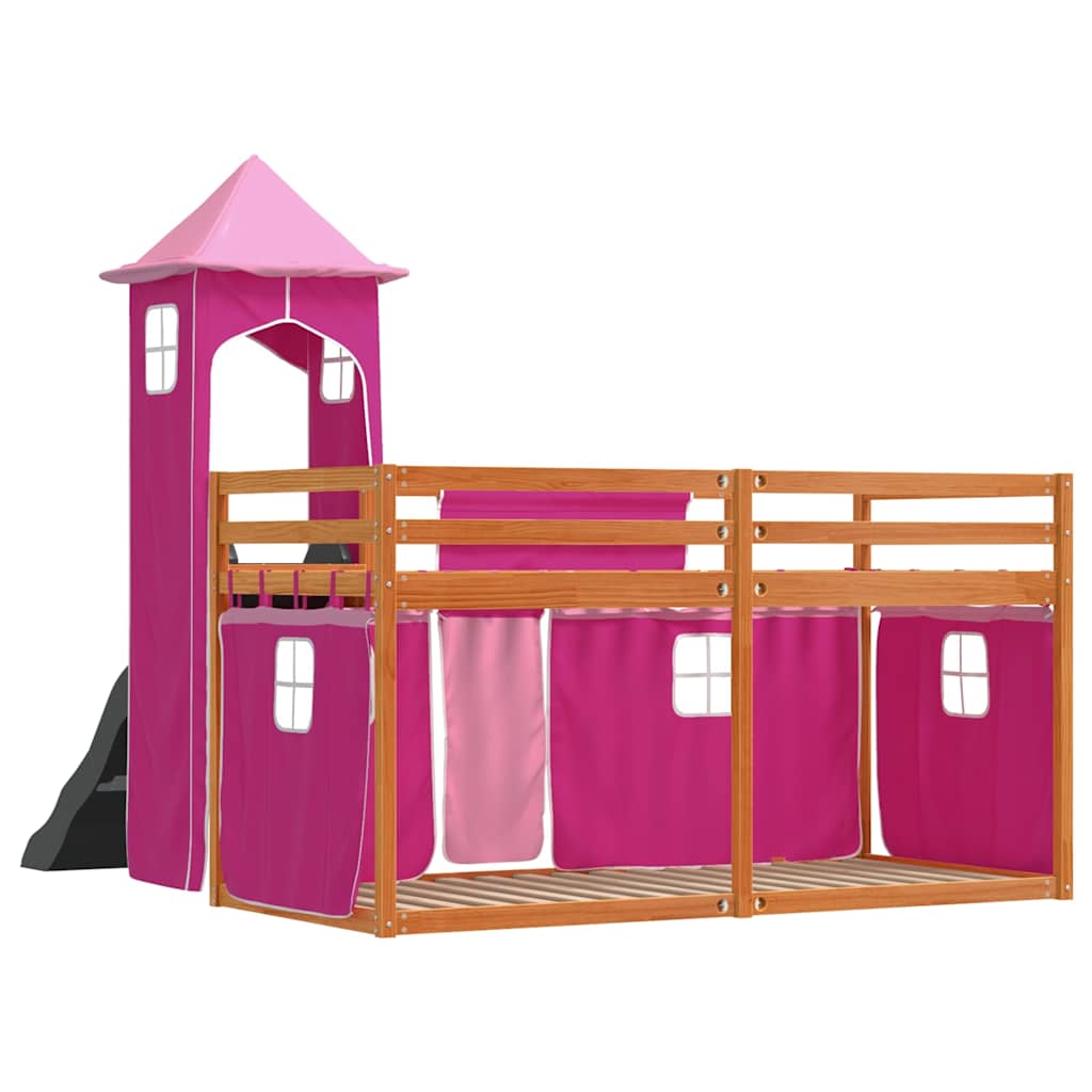 vidaXL Bunk Bed without Mattress with Slide and Curtains Pink 90x200 cm