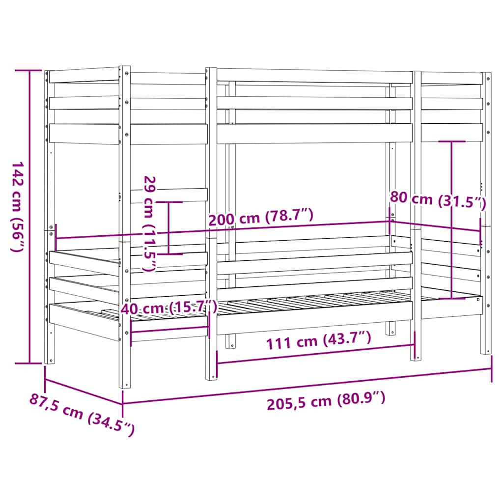 vidaXL Bunk Bed without Mattress Wax Brown 80x200 cm Solid Wood Pine