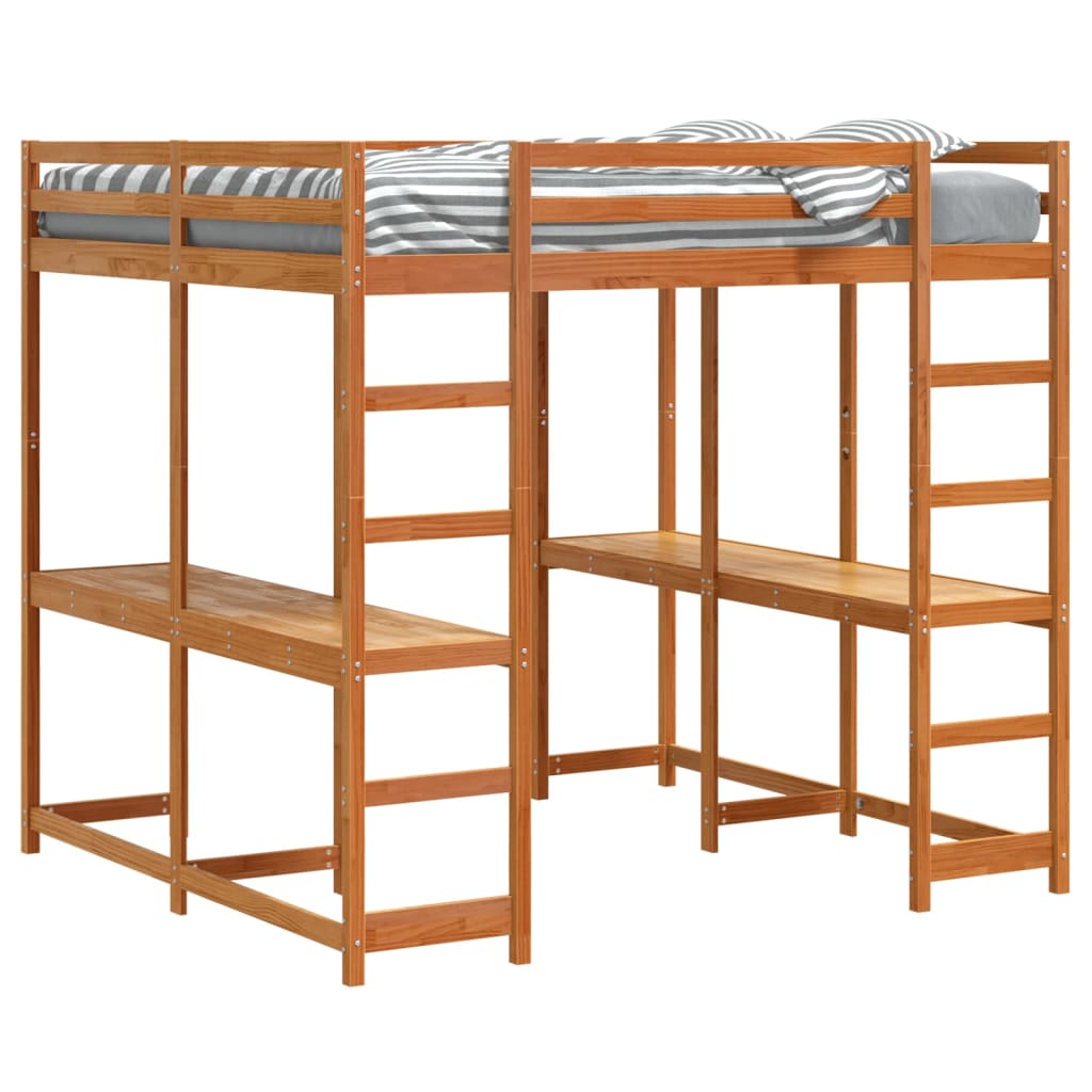 vidaXL Loft Bed with Desk and Ladder Wax Brown 160x200 cm Solid Wood Pine