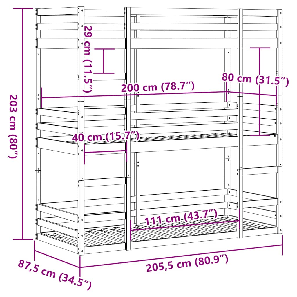 vidaXL Triple Bunk Bed without Mattress Wax Brown 80x200 cm Solid Wood Pine