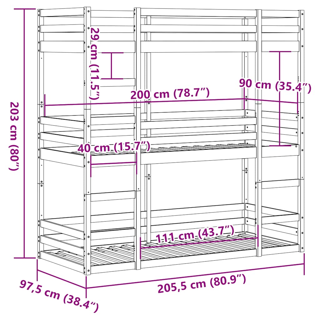 vidaXL Triple Bunk Bed without Mattress Wax Brown 90x200 cm Solid Wood Pine