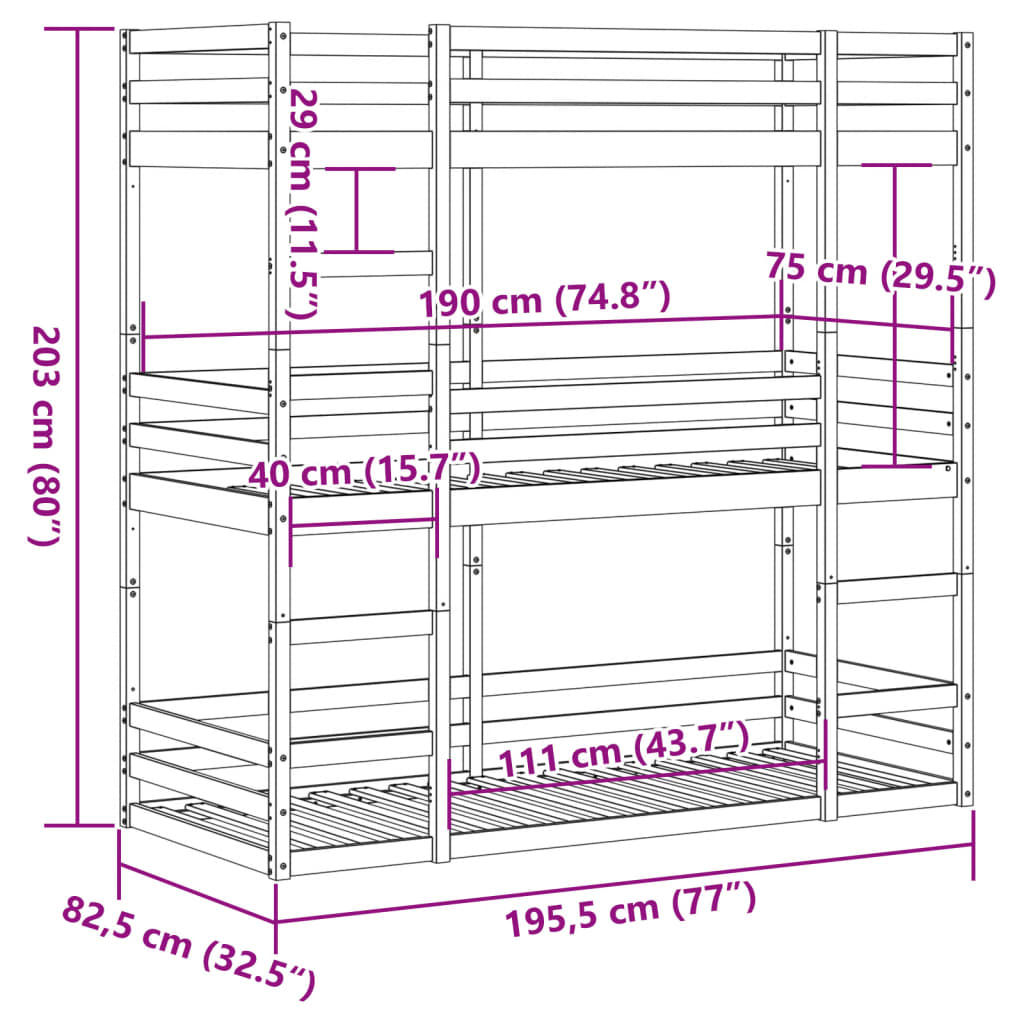 vidaXL Triple Bunk Bed without Mattress White 75x190 cm Small Single Solid Wood Pine