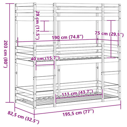 vidaXL Triple Bunk Bed without Mattress Wax Brown 75x190 cm Small Single Solid Wood Pine