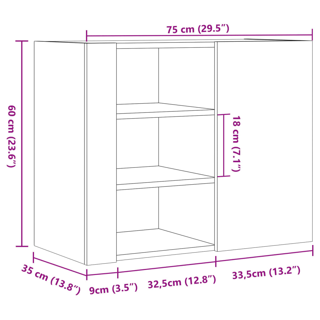 vidaXL Wall Cabinet Brown Oak 75x35x60 cm Engineered Wood