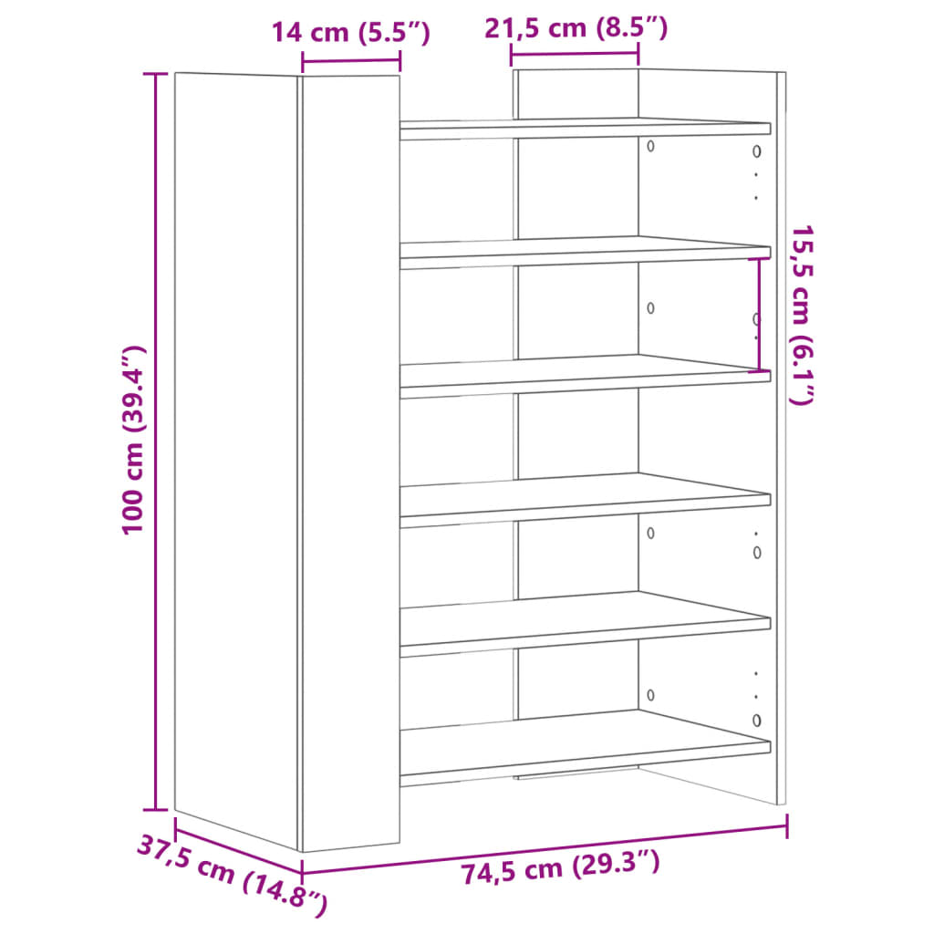 vidaXL Shoe Cabinet Smoked Oak 74.5x37.5x100 cm Engineered Wood