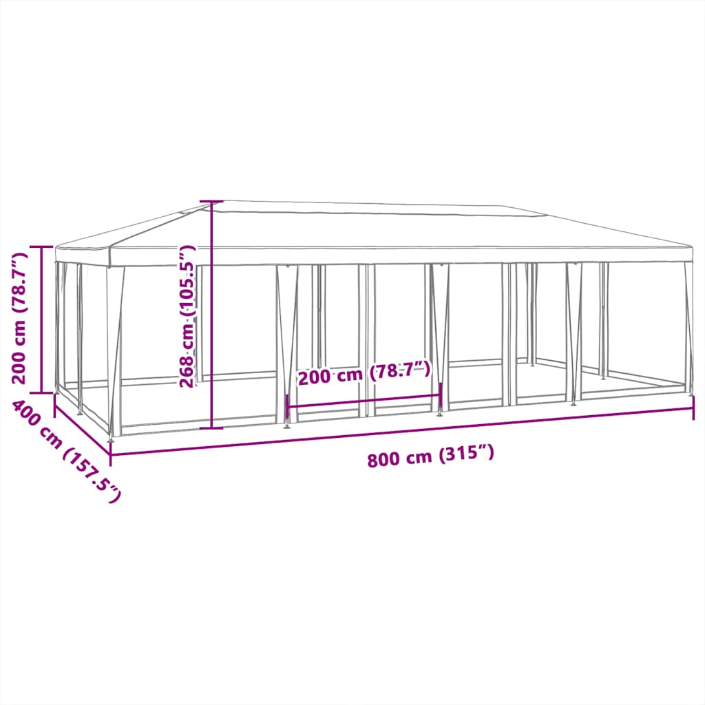 vidaXL Party Tent with 12 Mesh Sidewalls Red 8x4 m HDPE