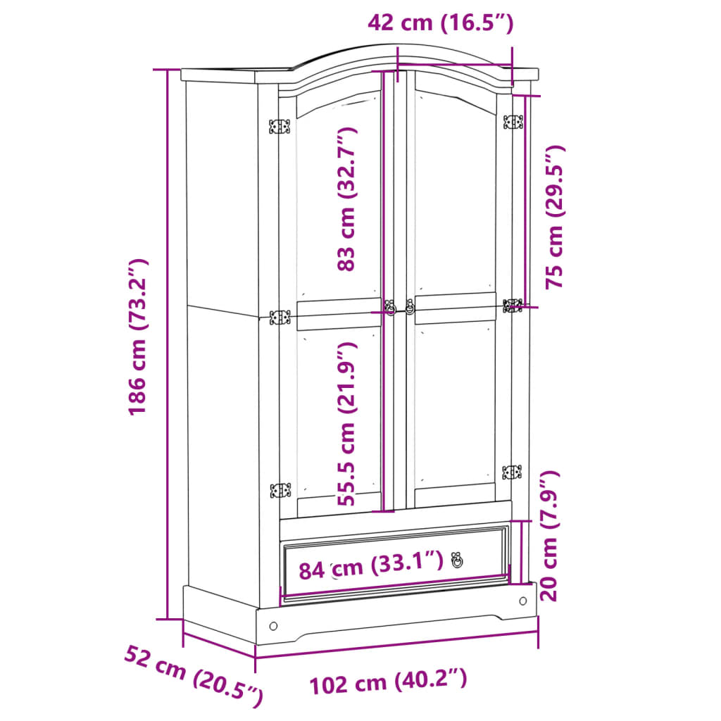 vidaXL Wardrobe Corona 102x52x186 cm Solid Wood Pine