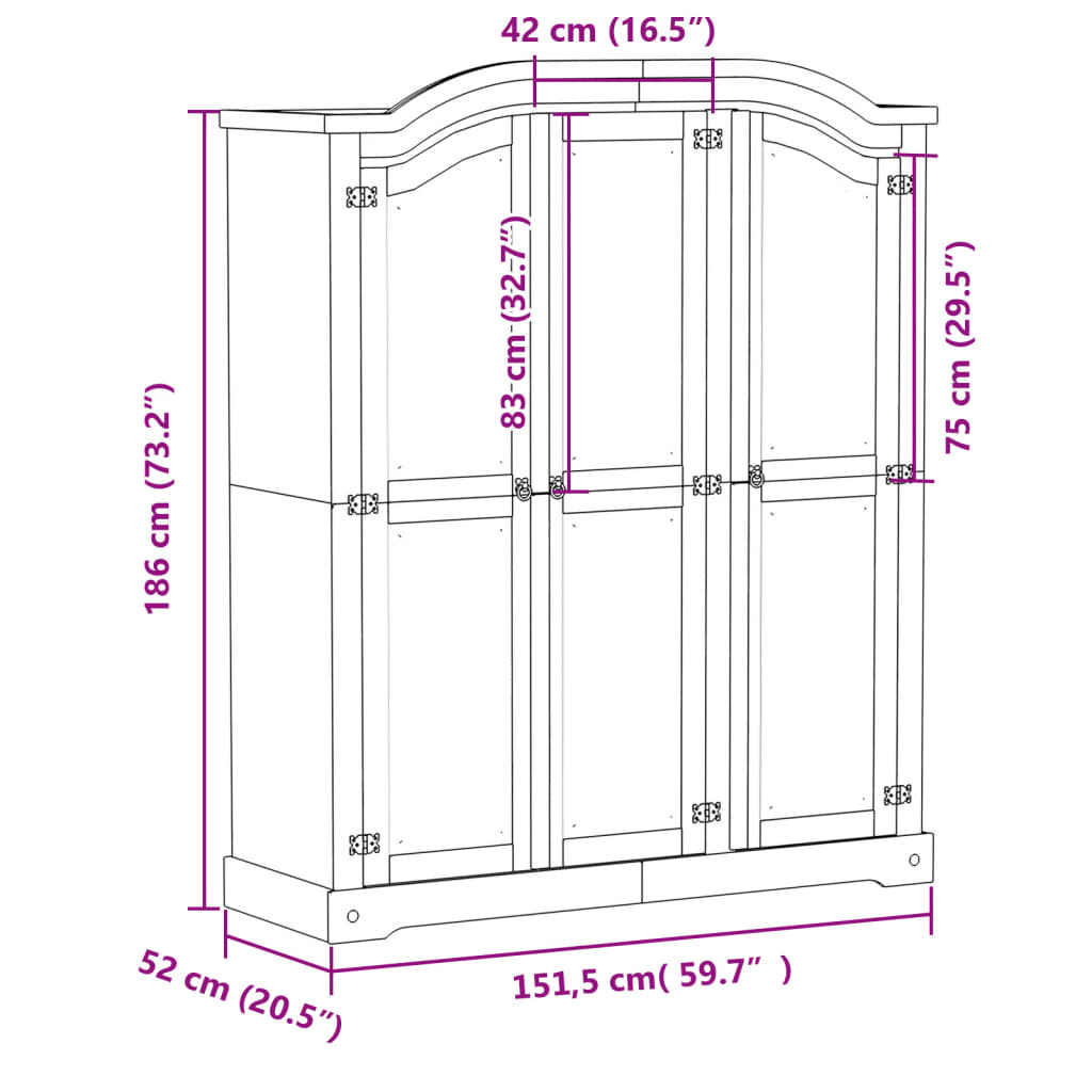 vidaXL Wardrobe "Corona" 151,5x52x186 cm Solid Wood Pine