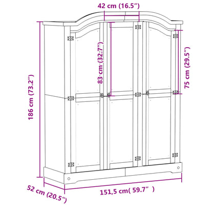 vidaXL Wardrobe "Corona" 151,5x52x186 cm Solid Wood Pine
