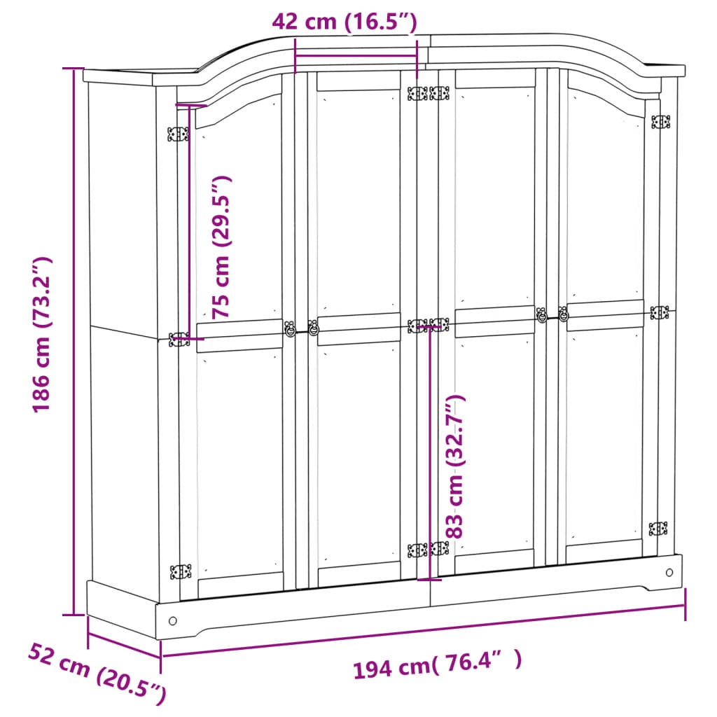 vidaXL Wardrobe "Corona" 194x52x186 cm Solid Wood Pine