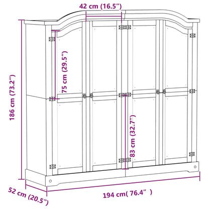 vidaXL Wardrobe "Corona" 194x52x186 cm Solid Wood Pine