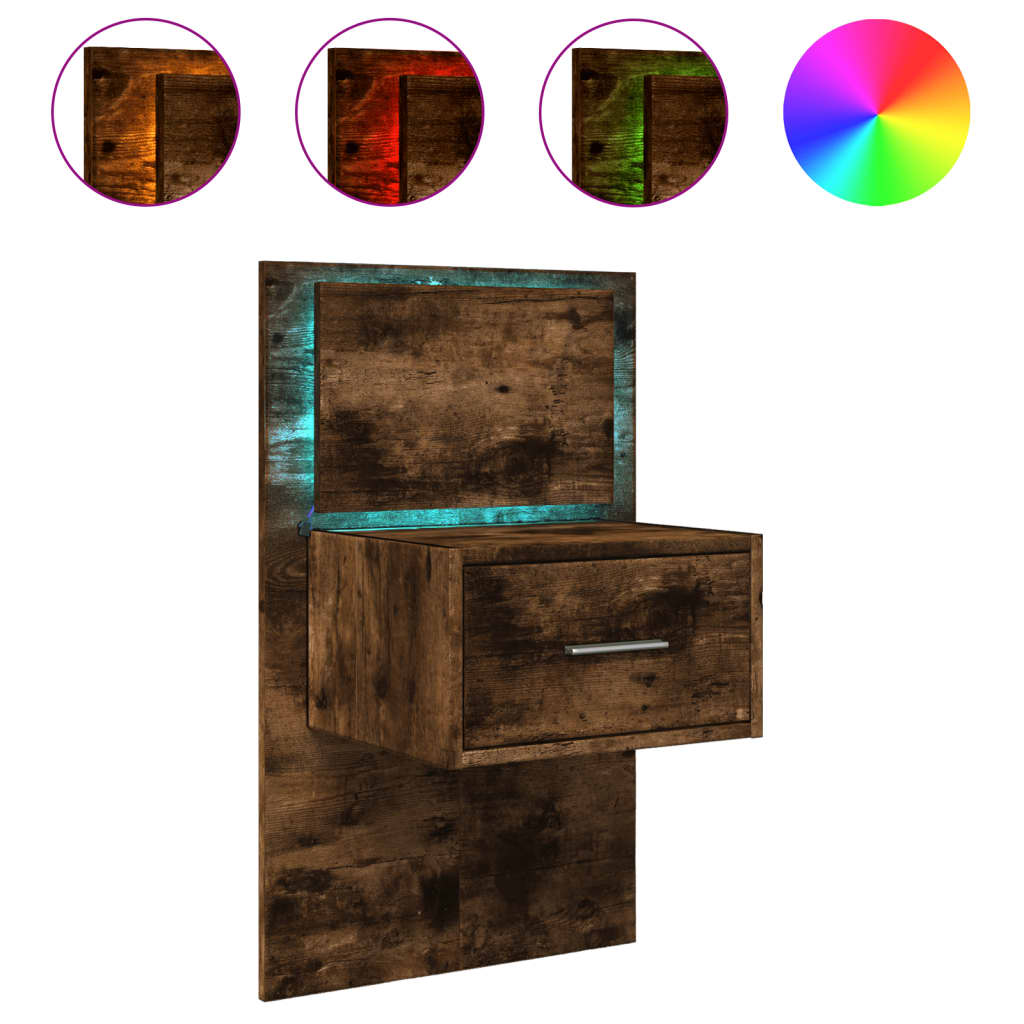 vidaXL Wall-mounted Bedside Cabinet with LED Lights Smoked Oak