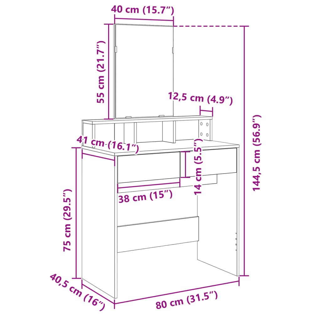 vidaXL Dressing Table with Mirror Grey Sonoma 80x41x144.5 cm