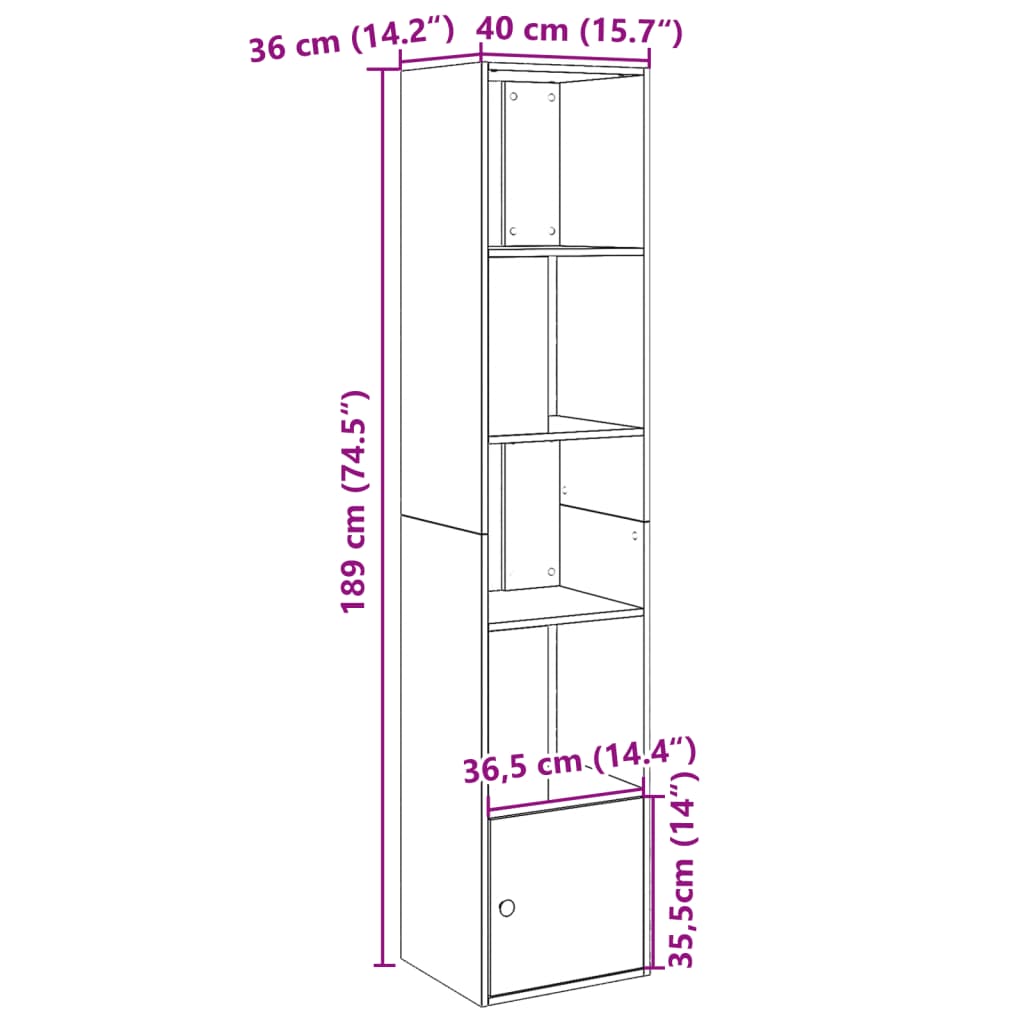 vidaXL Bookcase Sonoma Oak 40x36x189 cm Engineered Wood