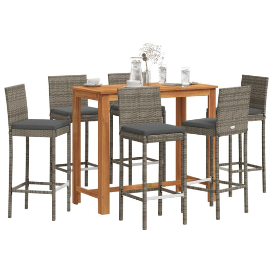 vidaXL 7 Piece Garden Bar Set Grey Solid Wood Acacia and Poly Rattan