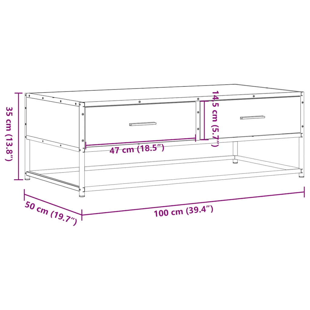 vidaXL Coffee Table Grey Sonoma 100x50x35 cm Engineered Wood and Metal