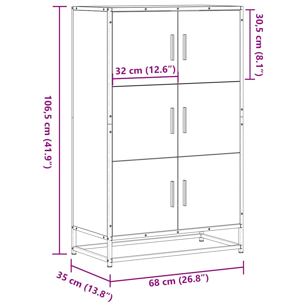 vidaXL Highboard Grey Sonoma 68x35x106.5 cm Engineered Wood and Metal