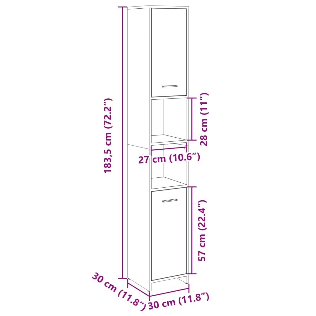 vidaXL Bathroom Cabinet Sonoma Oak 30x30x183,5 cm Engineered Wood