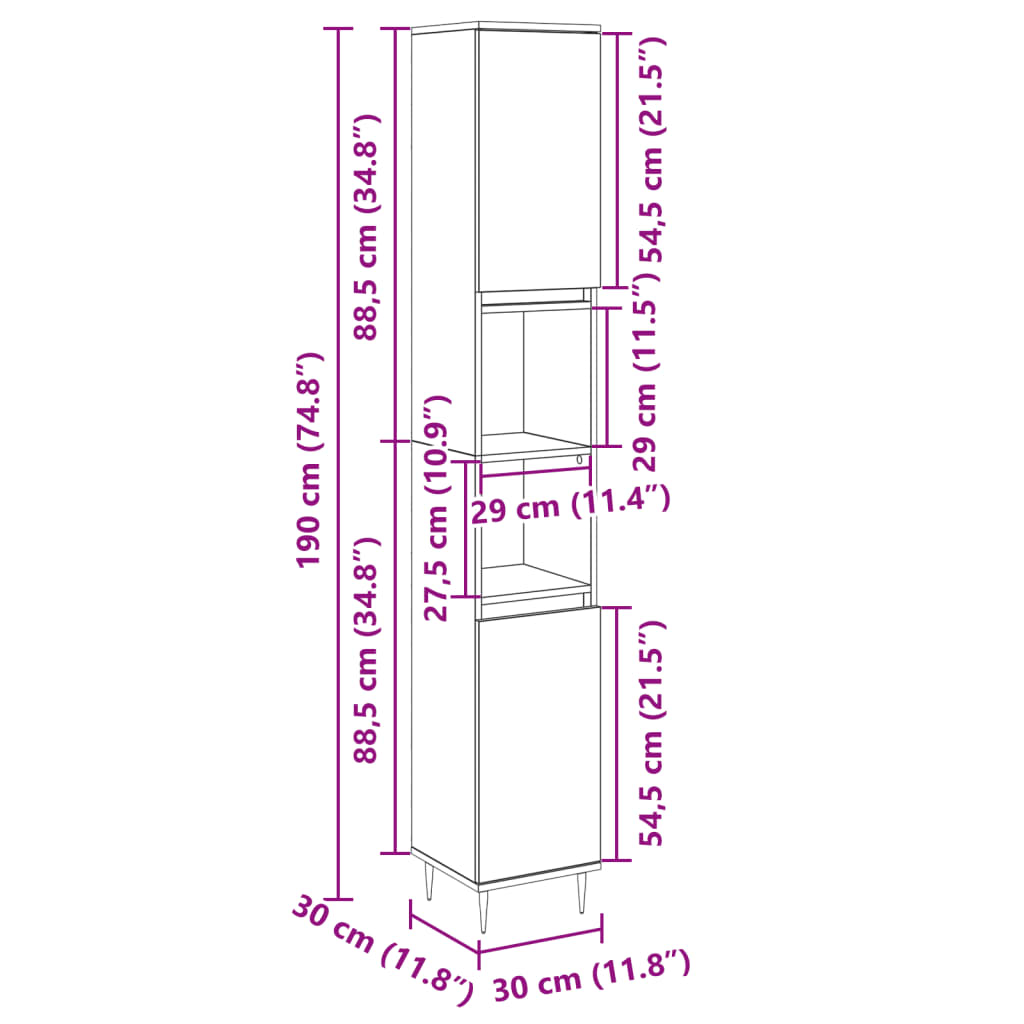 vidaXL Bathroom Cabinet Sonoma Oak 30x30x190cm Engineered Wood