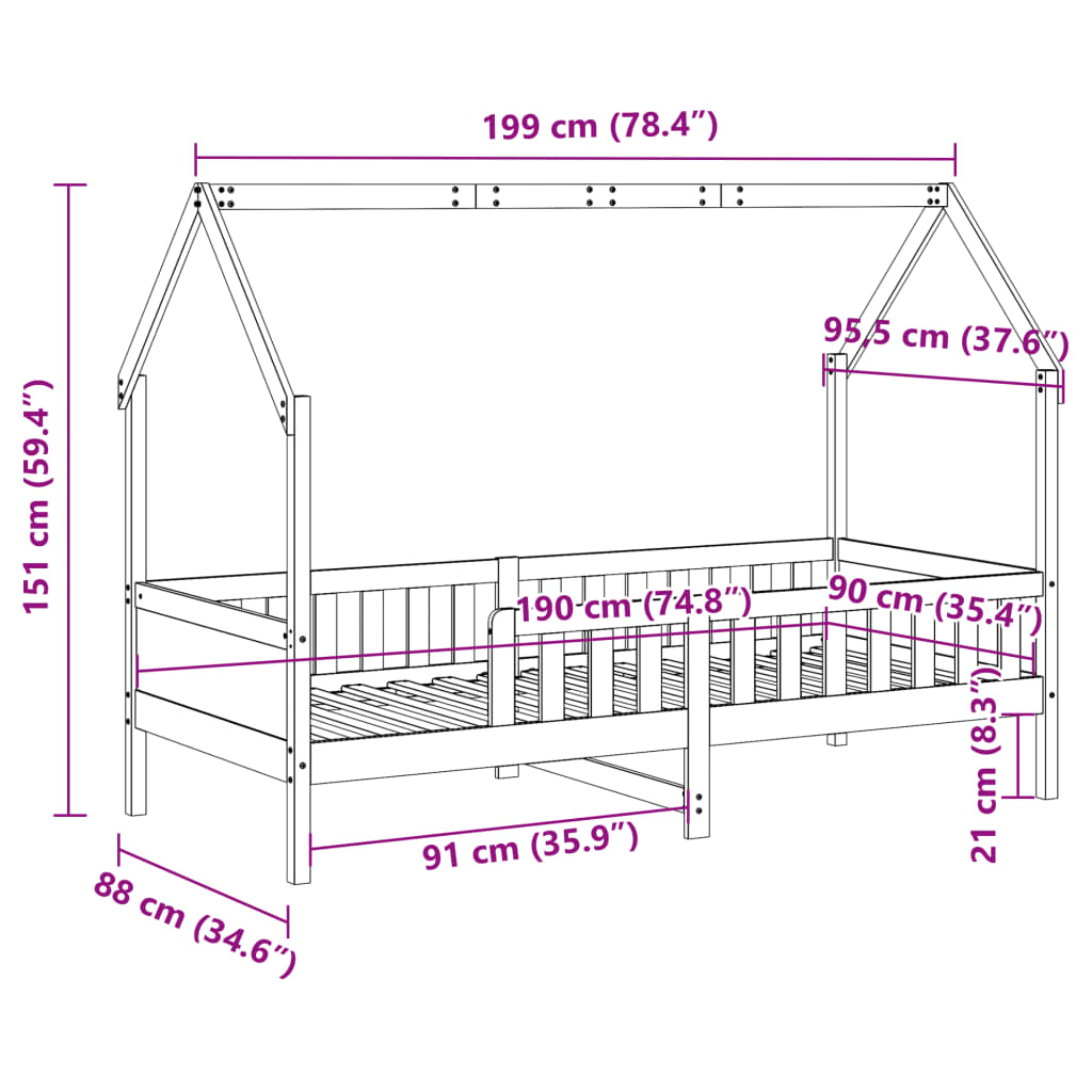 vidaXL Kids' House Bed Frame without Mattress Wax Brown 90x190 cm Single Pine