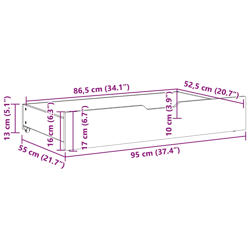 vidaXL Under-Bed Drawers 2 pcs White 95x55x17 cm Solid Wood Pine