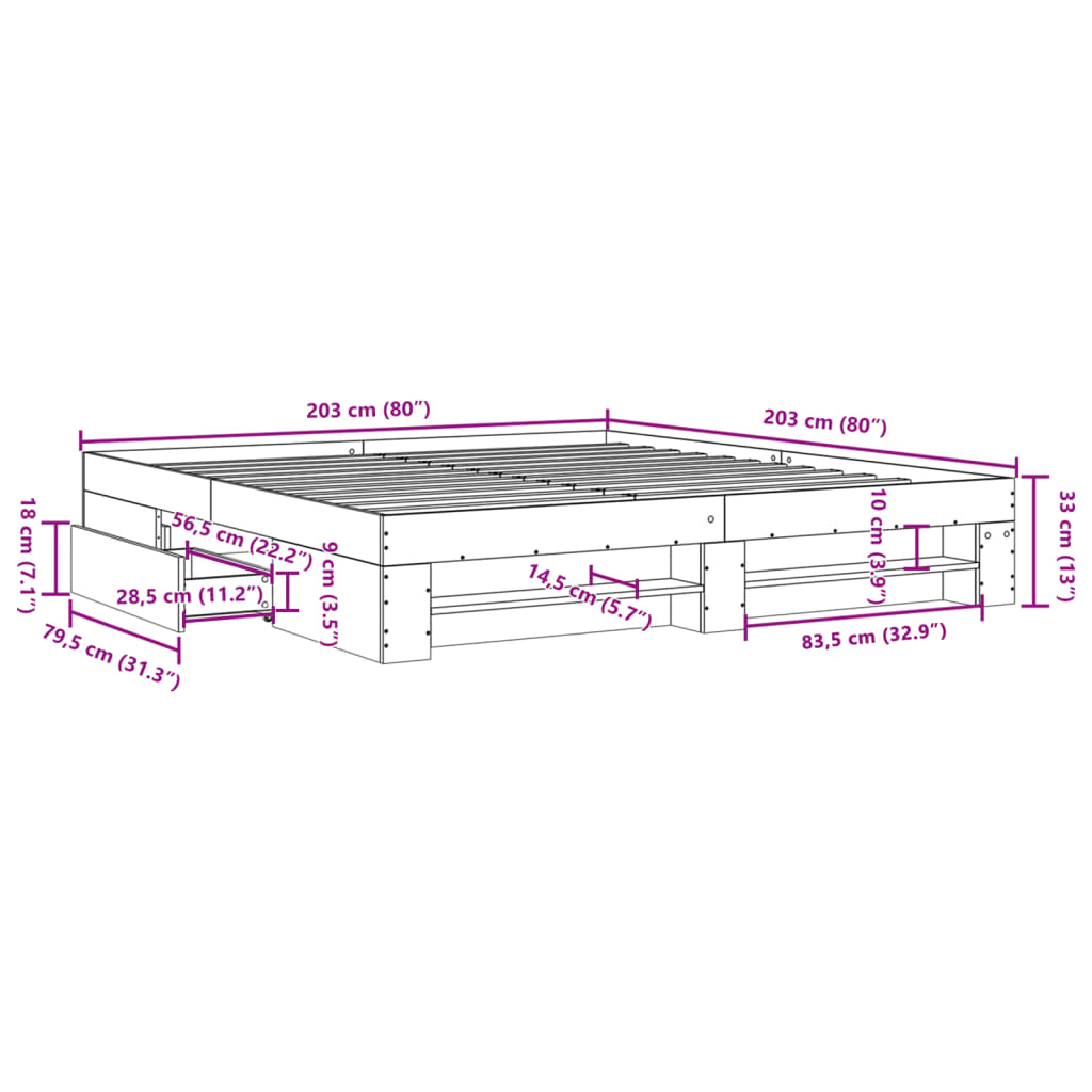 vidaXL Bed Frame without Mattress Concrete Grey 200x200cm Engineered Wood