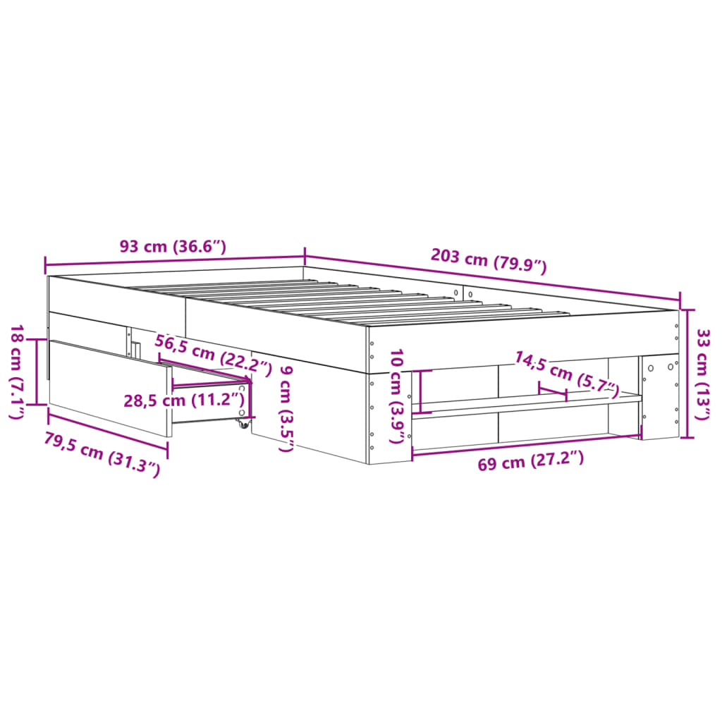 vidaXL Bed Frame without Mattress Concrete Grey 90x200cm Engineered Wood