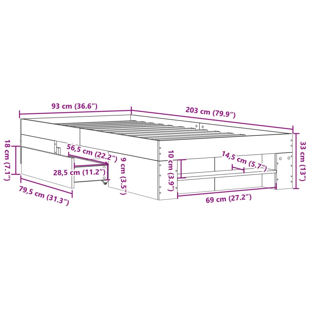 vidaXL Bed Frame without Mattress Grey Sonoma 90x200 cm Engineered Wood
