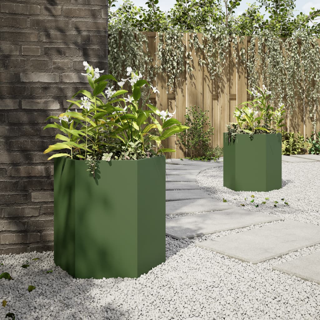 vidaXL Garden Planter 2 pcs Olive Green Hexagon 46x40x45 cm Steel