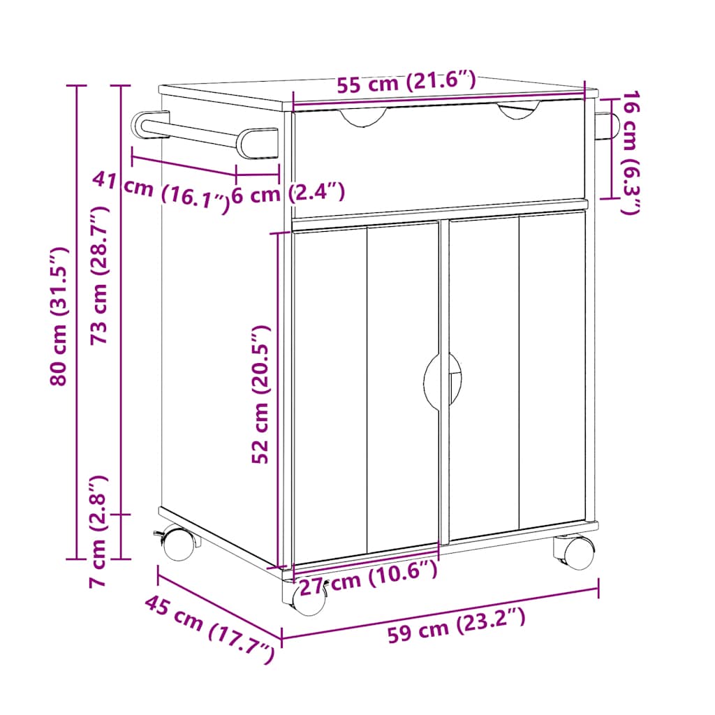 vidaXL Kitchen Trolley OTTA 59x45x80 cm Solid Wood Pine