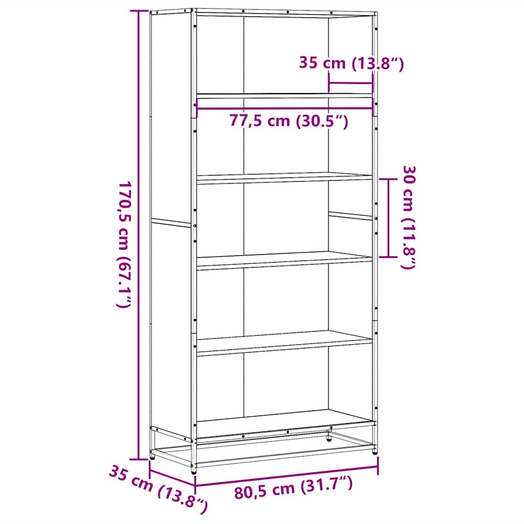 vidaXL Bookcase Smoked Oak 80.5x35x170.5 cm Engineered Wood