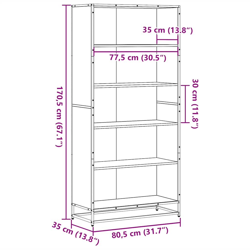vidaXL Bookcase Brown Oak 80.5x35x170.5 cm Engineered Wood