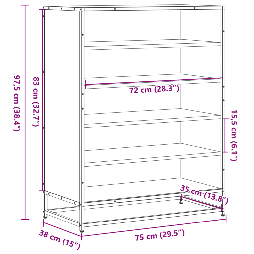 vidaXL Shoe Cabinet Brown Oak 75x38x97.5 cm Engineered Wood and Metal
