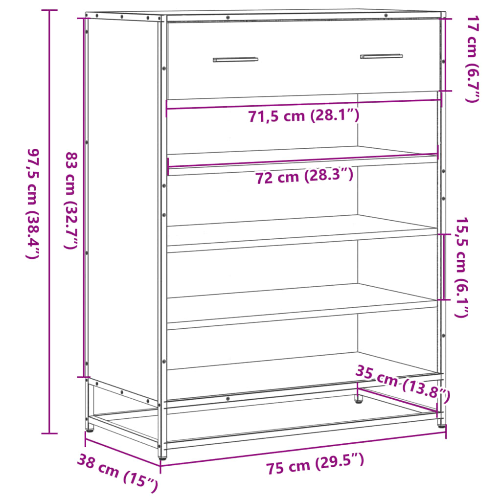 vidaXL Shoe Cabinet Grey Sonoma 75x38x97.5 cm Engineered Wood and Metal