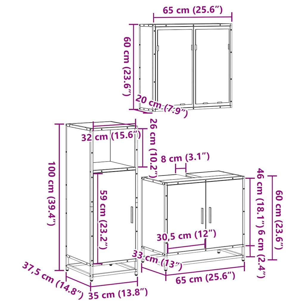 vidaXL 3 Piece Bathroom Furniture Set Sonoma Oak Engineered Wood