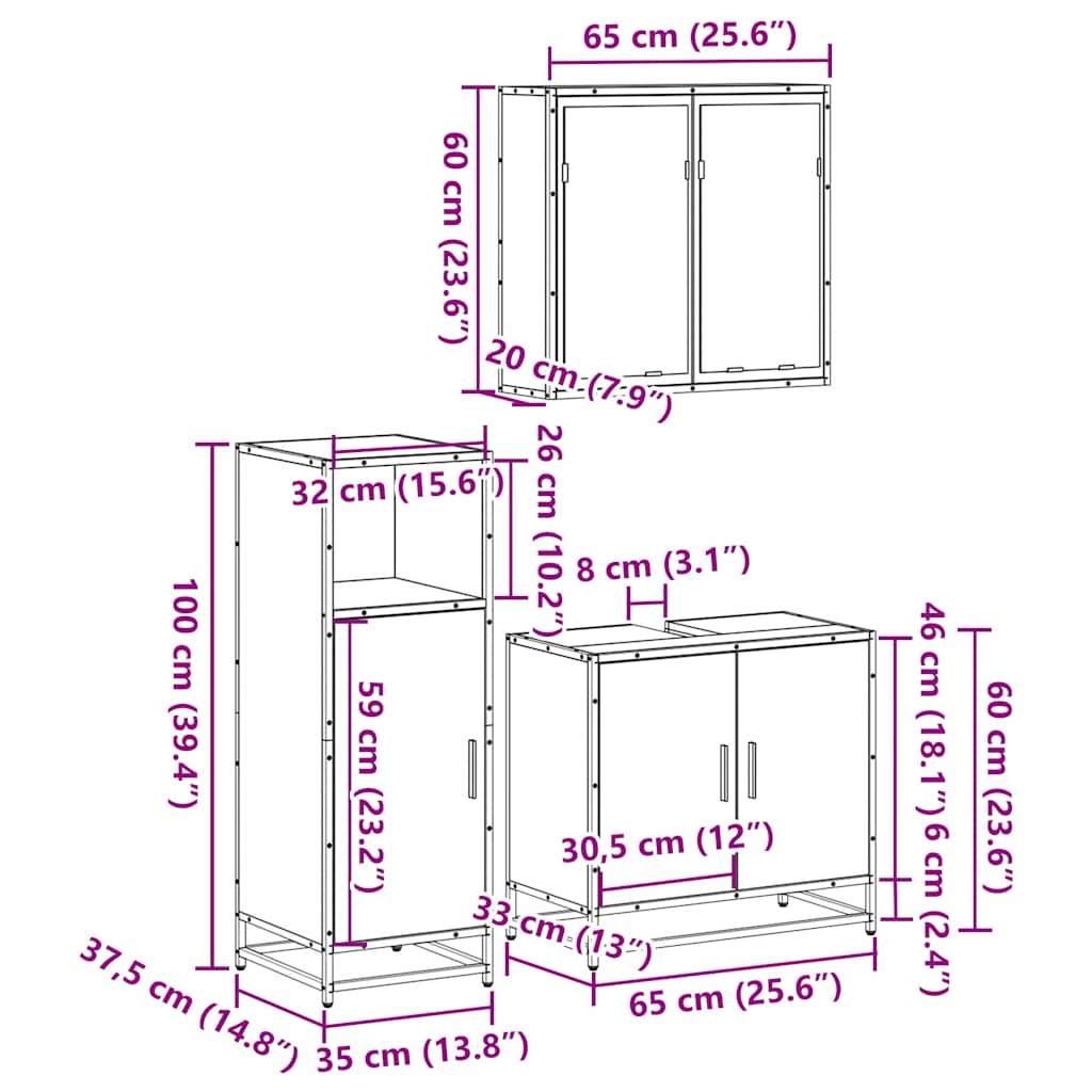vidaXL 3 Piece Bathroom Furniture Set Smoked Oak Engineered Wood