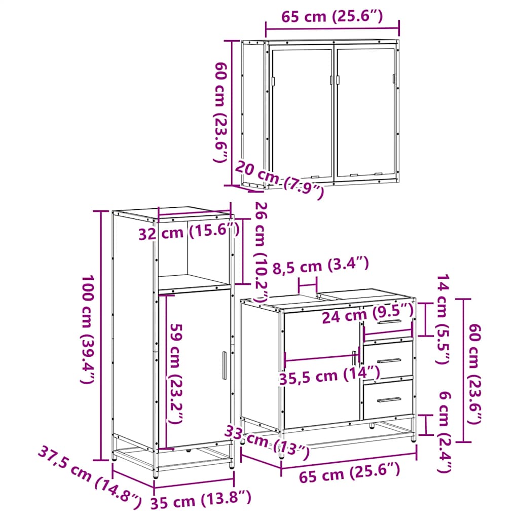 vidaXL 3 Piece Bathroom Furniture Set Sonoma Oak Engineered Wood