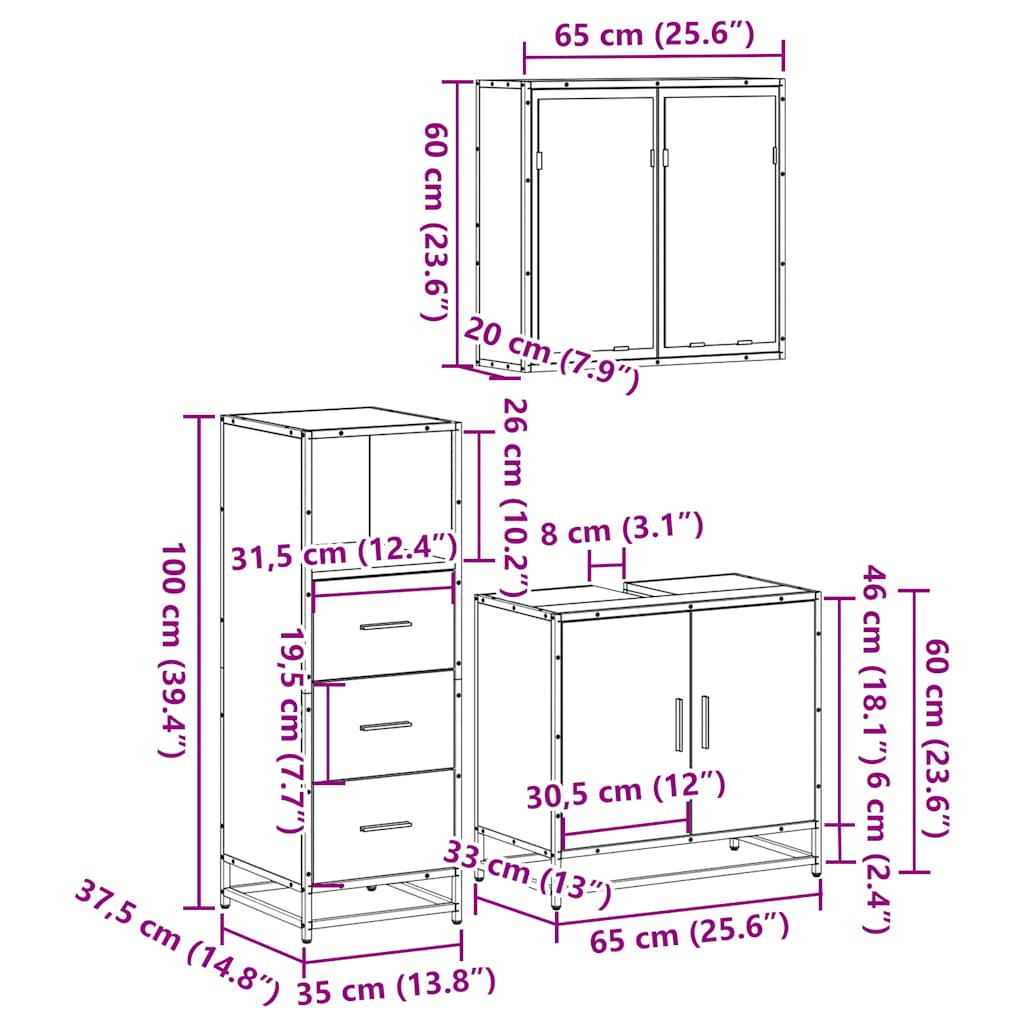 vidaXL 3 Piece Bathroom Furniture Set Sonoma Oak Engineered Wood