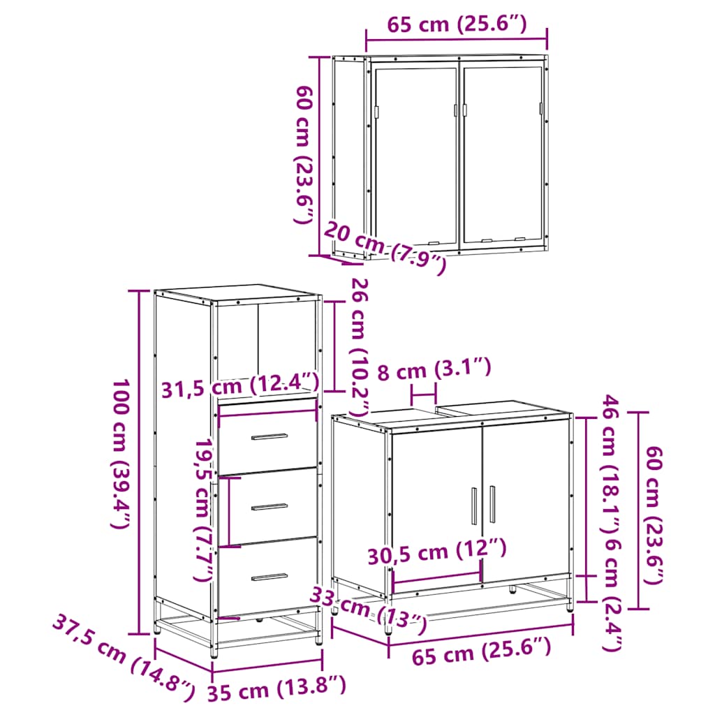 vidaXL 3 Piece Bathroom Furniture Set Grey Sonoma Engineered Wood