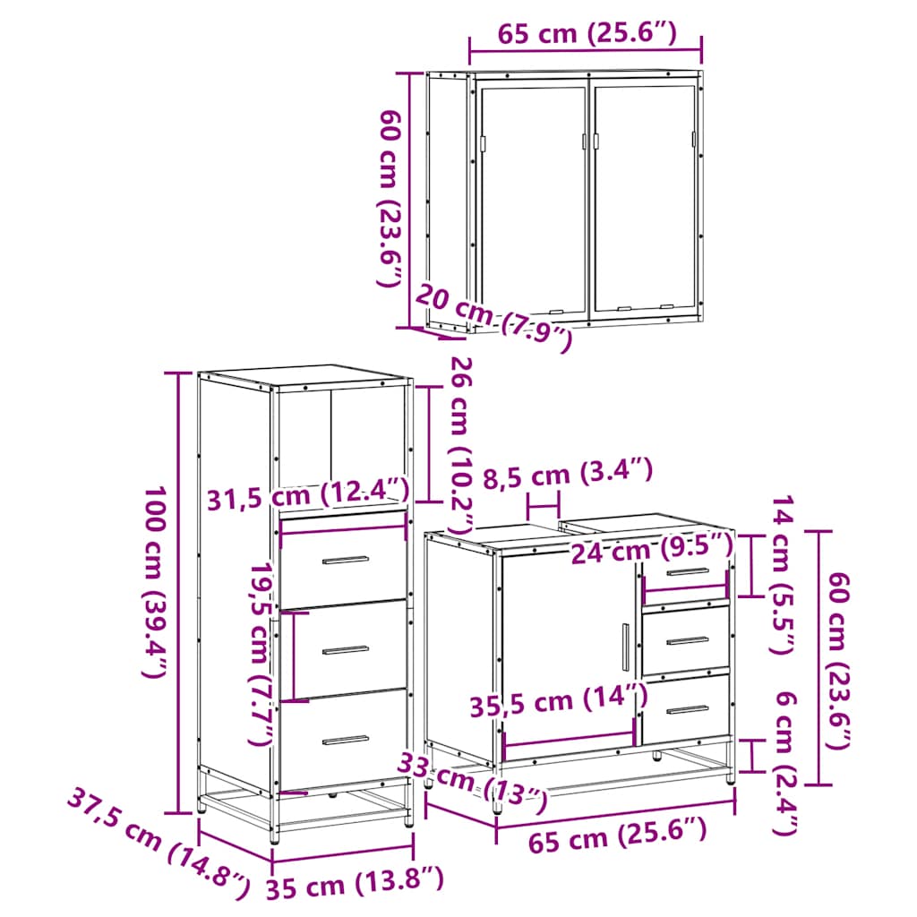 vidaXL 3 Piece Bathroom Furniture Set Smoked Oak Engineered Wood