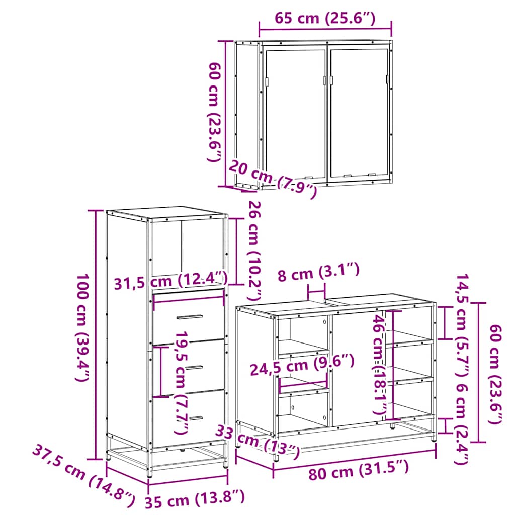 vidaXL 3 Piece Bathroom Furniture Set Smoked Oak Engineered Wood