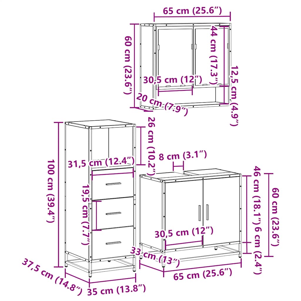 vidaXL 3 Piece Bathroom Furniture Set Smoked Oak Engineered Wood