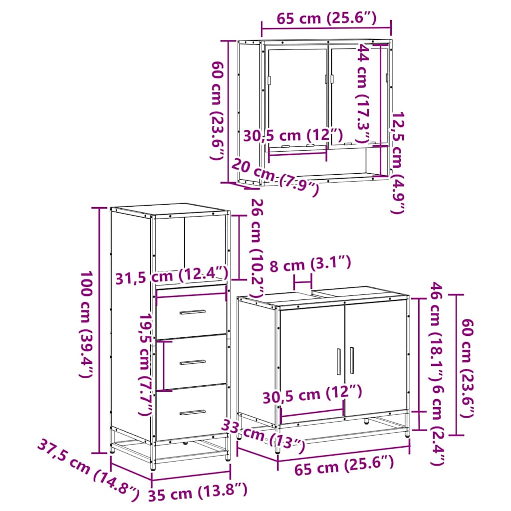 vidaXL 3 Piece Bathroom Furniture Set Grey Sonoma Engineered Wood