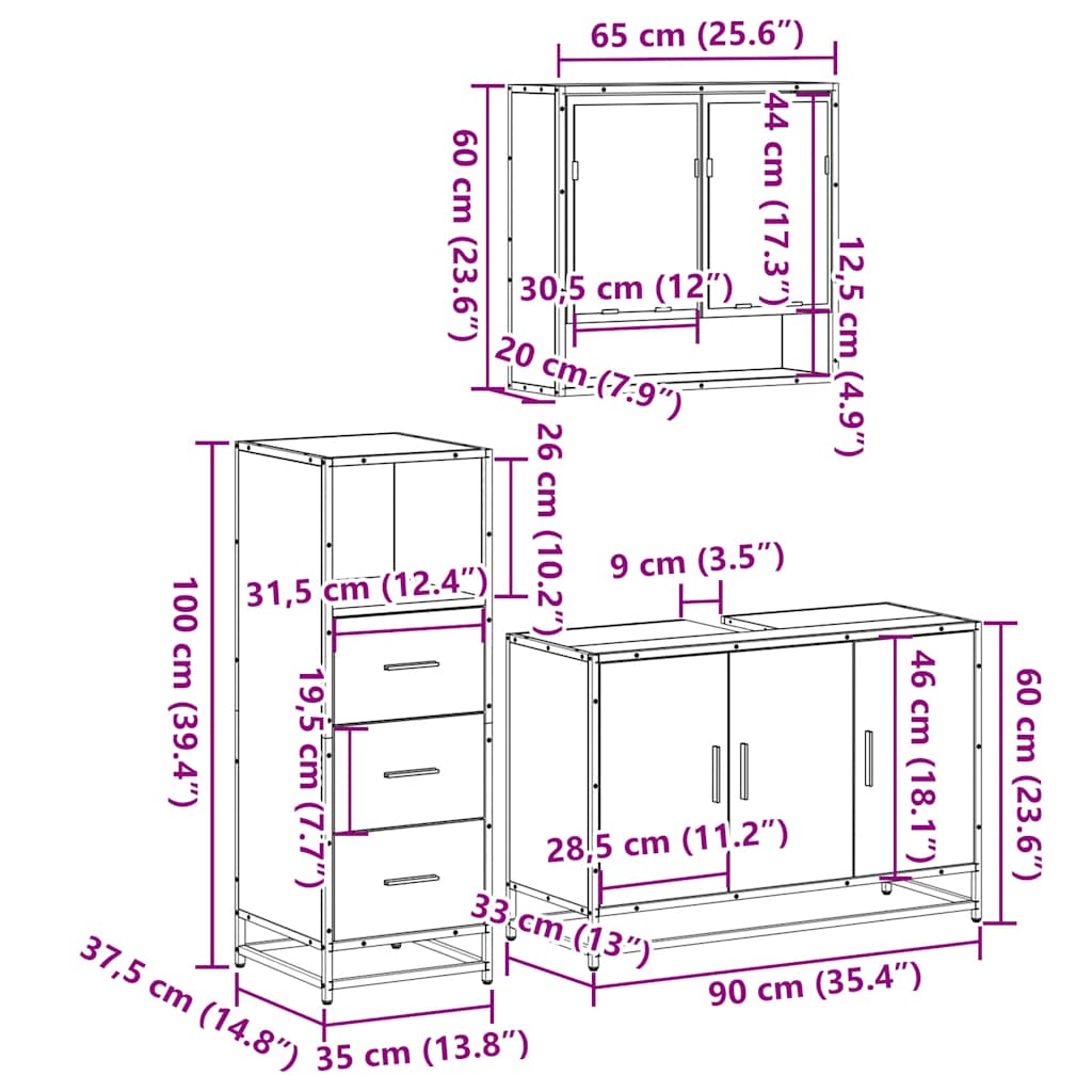 vidaXL 3 Piece Bathroom Furniture Set Smoked Oak Engineered Wood