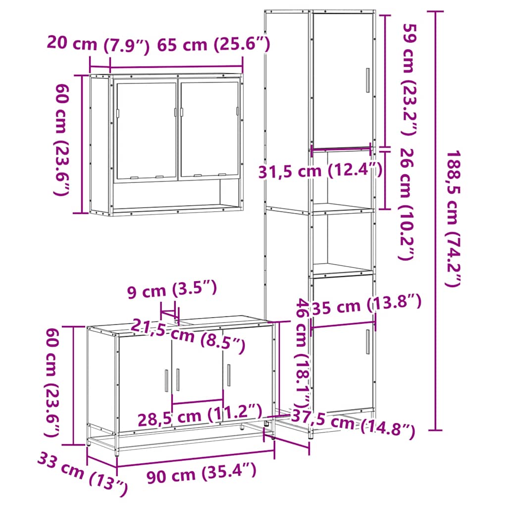vidaXL 3 Piece Bathroom Furniture Set Smoked Oak Engineered Wood
