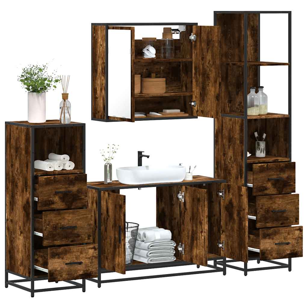 vidaXL 4 Piece Bathroom Furniture Set Smoked Oak Engineered Wood