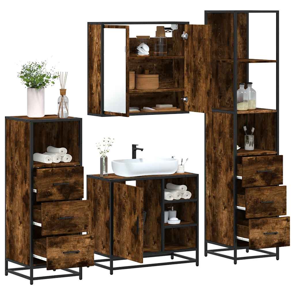 vidaXL 4 Piece Bathroom Furniture Set Smoked Oak Engineered Wood