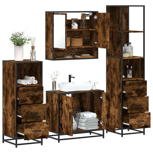 vidaXL 4 Piece Bathroom Furniture Set Smoked Oak Engineered Wood