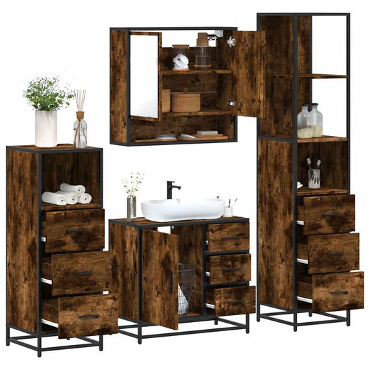 vidaXL 4 Piece Bathroom Furniture Set Smoked Oak Engineered Wood